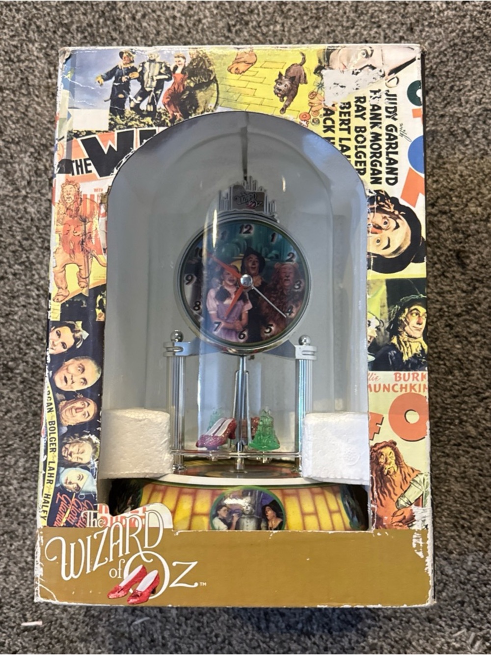 Wizard of Oz Anniversary Clock 9” Glass Dome Rotating Hat & Ruby Slippers